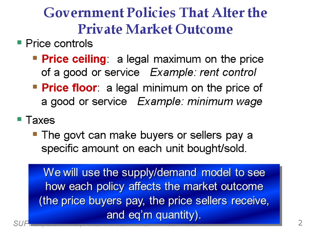 SUPPLY, DEMAND, AND GOVERNMENT POLICIES 2 Government Policies That Alter the Private Market Outcome